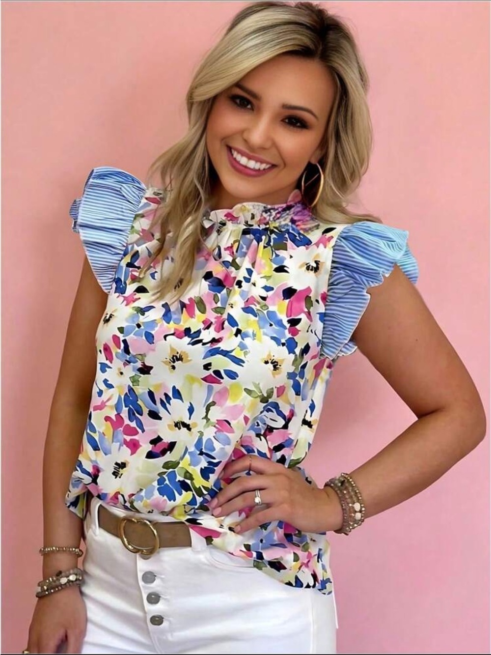 SHEIN Floral Ruffle Sleeve Women's Top in Multicolor Size XL Preppy